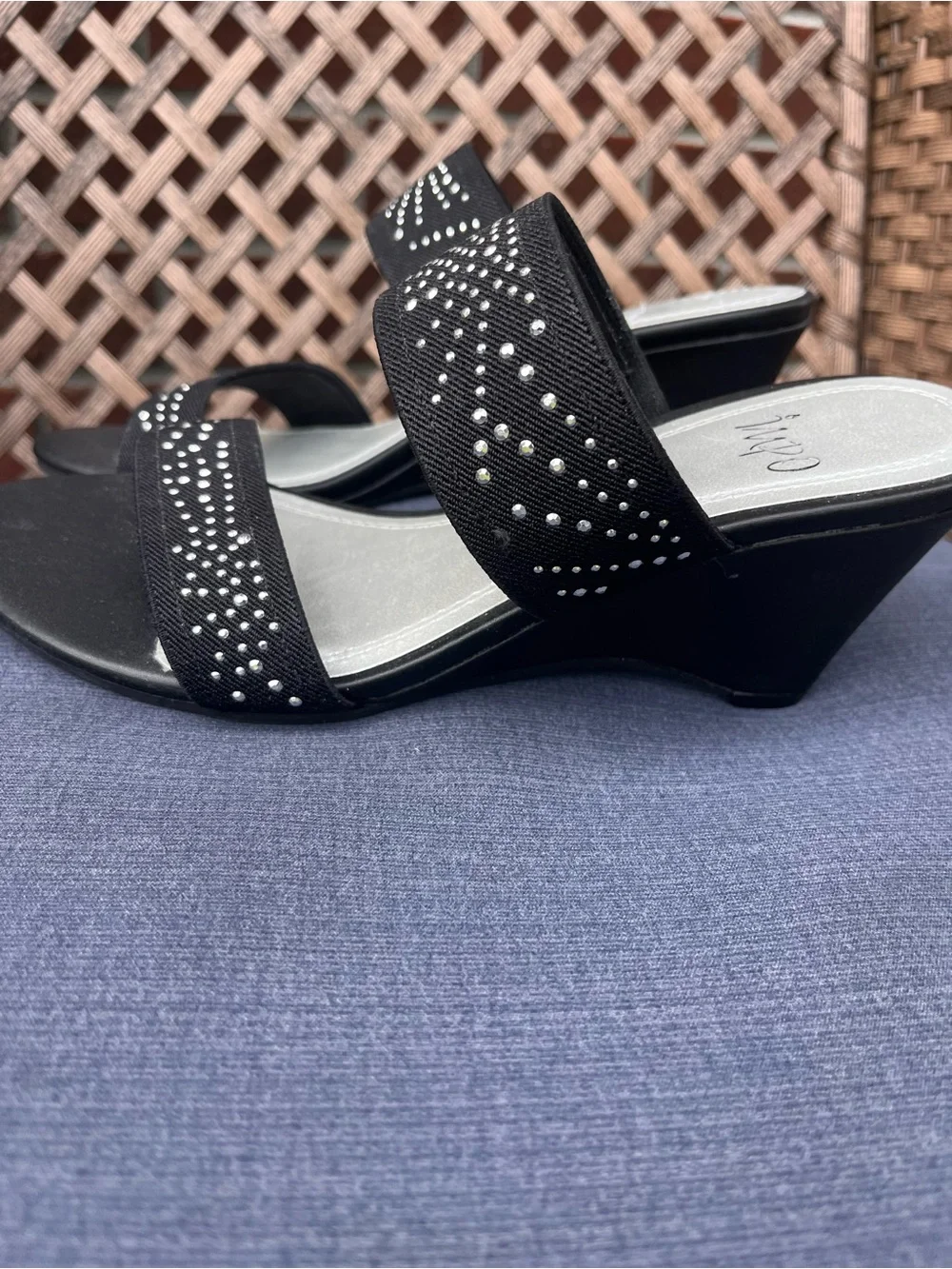 Impo Black Rhinestone Wedge Sandals women’s size 8M Slip Ons